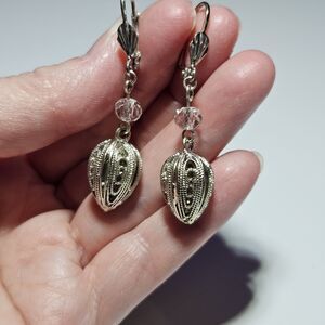 Silver Tone Dangling Filigree Bead And Glass Bead Earrings